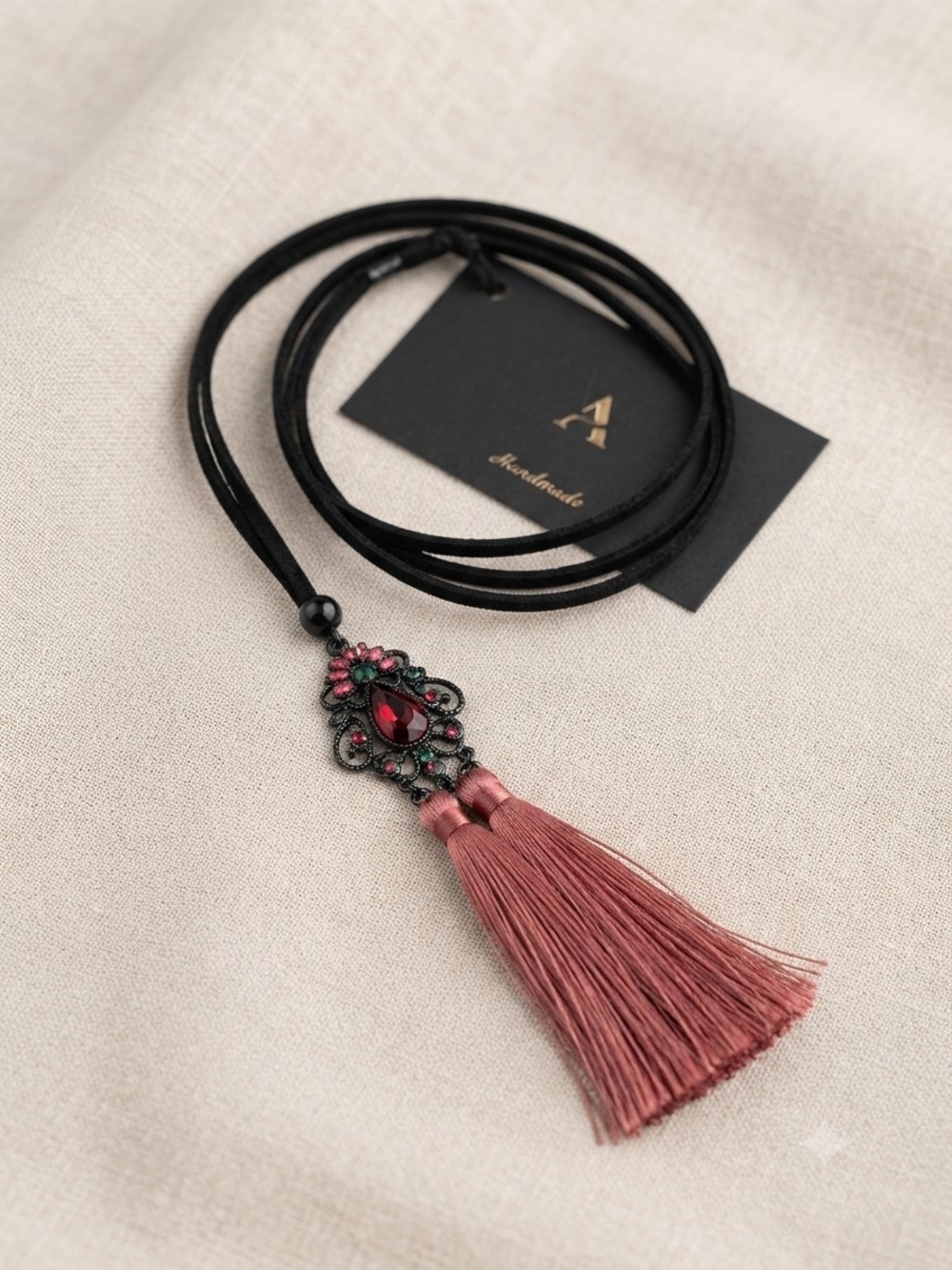 Handmade Black Cord Necklace with Dusty Rose Tassel and Gem Pendant